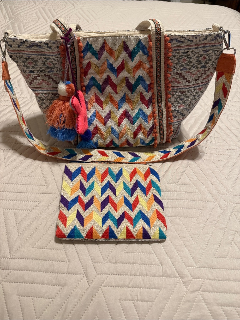 Colorful Chevron Beaded Shoulder Tote with Pom Tassel Charm